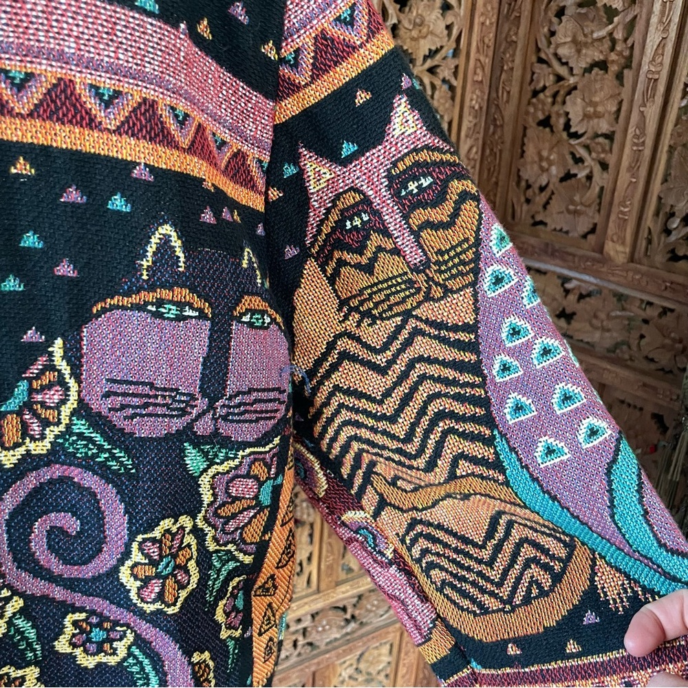 Original Vintage Laurel Burch Silverado Boho Cat Tapestry Blanket Knit Jacket - Picture 9 of 12